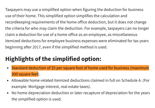IRS home office deduction page showing the simplified option of $5 per square foot up to 300 square feet maximum