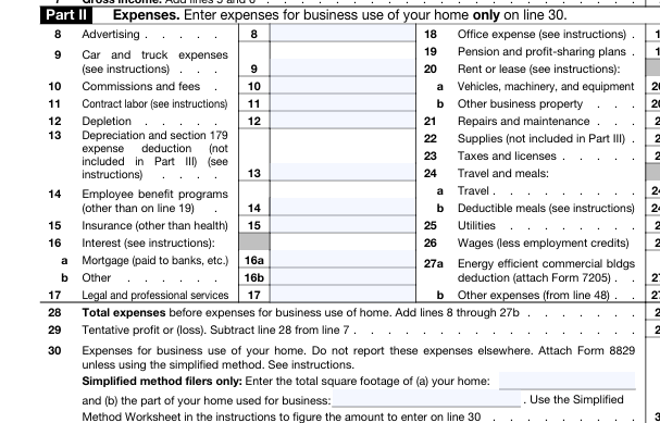 IRS Schedule C Part II showing business expense deduction lines 8 through 30 including advertising, car expenses, insurance, legal fees, office expenses and more